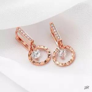 14K 금침 로즈골드 원터치링 컷팅 라운드 큐빅 드롭 귀걸이