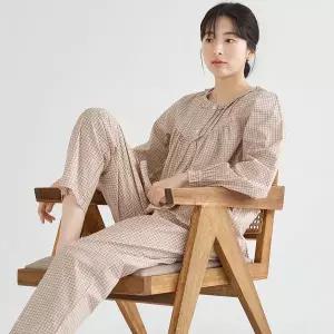 [보리보리/메이플라워]베이지체크 긴팔 순면 여성 빅사이즈 잠옷 세트