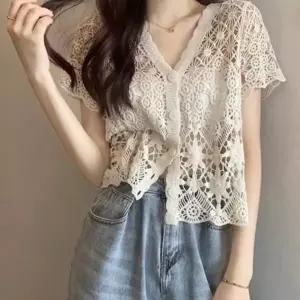 [텐바이텐]반팔 여성 니트 펀칭 그물 망사 면 브이넥 가디건 여름