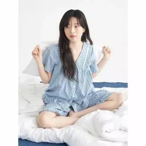 [하프클럽/메이플라워]블루ST V넥 반팔 순면 여성 빅사이즈 잠옷 세트