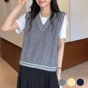 여성 꽈배기 배색라인 학생 베이직 니트 조끼 베스트