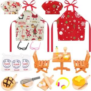34PCS 크리스마스 엘프 액세서리 키트 인형 베이커 의상 세트에는 에이프런 셰프 모자 달걀 롤링 핀 쿠키