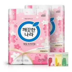 깨끗한나라 벚꽃 프리미엄 데코 화장지 3겹 28m 30롤 2팩 + 포켓티슈 10매 3개