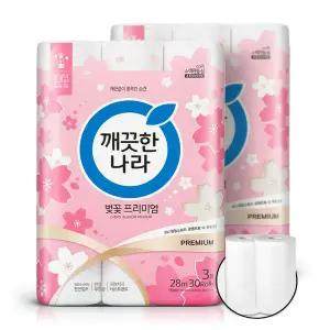 깨끗한나라 벚꽃 프리미엄 데코 화장지 3겹 28m 30롤 2팩 +키친타월 65매 2롤