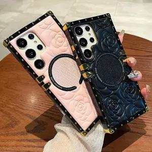 갤럭시S24 S23 S22 S21 S20FE 플러스 울트라 스퀘어 범퍼 맥세이프 럭셔리 가죽 핸드폰 케이스