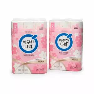 깨끗한나라 벚꽃 프리미엄 무형광 화장지 3겹 30롤 28m 2팩
