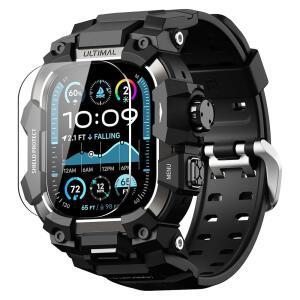 Apple Watch용 밴드가 있는 Ultimal Rugged 케이스 49mm, Apple Watch Ultra 3/2/1과 호환, iWatch 전술 밴드 남성용 군용 등급 충격 방지 범퍼 커버(블랙, 49mm)