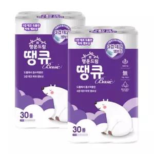 행운드림 땡큐 베이직 화장지 3겹 30롤 x 2팩 KR 국내 제조로 믿고 쓰는 데일리 휴지