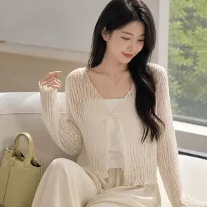 여성 브이넥 시스루 가디건 루즈핏 펀칭 봄여름 니트웨어