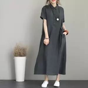 여성 린넨 원피스 루즈핏 여름 빅사이즈 반팔 카라 롱원피스