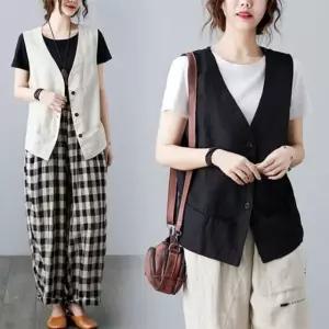 린넨 베스트 은창)페이크 양털조끼 여름 여성 포켓 조끼 라인 혼방