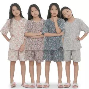 아동 인조인견 여름 플라워 꽃무늬 반팔 반바지 상하 세트 데일리 홈웨어 집앞룩 키즈 학생 주니어 잠옷