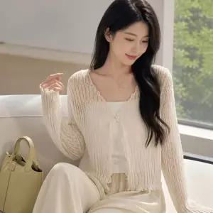 여성 브이넥 시스루 가디건 루즈핏 펀칭 봄여름 니트웨어