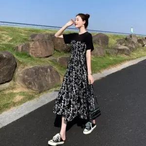 패턴 플라워 데일리룩 반팔 어깨배색 롱원피스