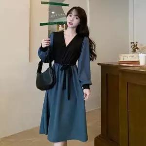 롱원피스 홈웨어 원피스 A라인 배색 여성 허리끈 블루