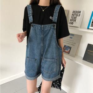 귀여운 와이드 핏 롤 업 데님 포켓 멜빵 청 반 바지 팬츠 점프 수트