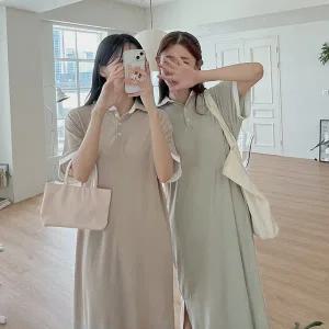 [핫핑](센텀시티점)[신축성/편안한착용감] 셀레드 카라 배색반팔 사이드슬릿 롱원피스 H_OPS31480