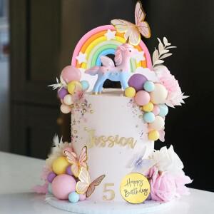 유니콘 케이크 토퍼 무지개 장식 나비 공 생일 축하