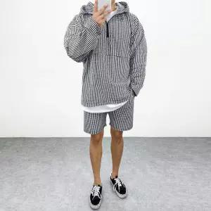 [엠클로]바람막이 윈드 체크 후드 긴팔 아노락 반바지 세트