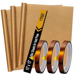 YTFGGY 히트 프레스용 테프론 시트 3팩 15x15 및 3롤 열전달 테이프 10mm 논스틱 전사 시트 승화 PTFE 테프론 시트 내열성 테이프 세트