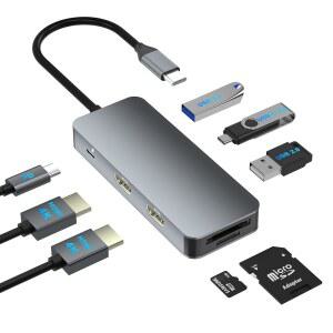 DELL /hp호환 /LENOVO /MAC 노트북용 도킹 스테이션 듀얼 모니터 USB C 노트북 모니터 2개용 HDMI 어댑터 /USB /PD /SD /TF가 포함된 8인치 허브 멀티포트 어댑터