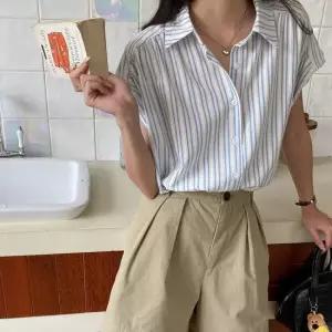 셀럽하우스 여름 데일리룩 스트라이프셔츠 카라셔츠 여성브라우스 흰남방 여성난방 여자흰남방