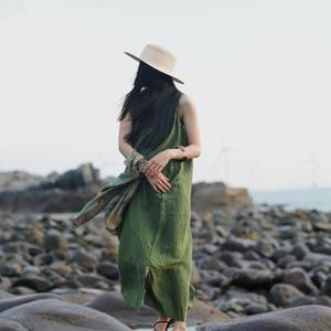 원픽 여성 사진 여름 서스펜더 드레스 코튼 린넨 복고풍 조끼 롱 스커트 통기성