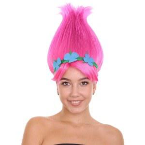 O Women's Pointy Princess Troll Cosplay Wig u2013 Bright Pink Hair with Blue Flower Headband | Adult Fun Crazy Hairpiece for Halloween Parties & Theme Events