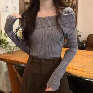 [하프클럽/]골지니트 스퀘어넥 오프숄더 긴팔 슬림핏 풀오버