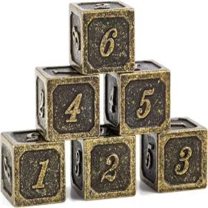 DNDND 6면 주사위 세트 고대 황동 D6 메탈릭 6개와 D DND 패스파인더 섀도우런 또는 GURP용 블랙 벨벳 가방