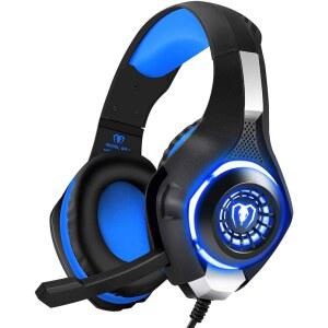 PS4 PS5 XBOX ONE PC U2013 오버이어 헤드폰용 블루파이어 유선 게임 헤드셋 서라운드 사운드 노이즈 캔슬링 마이크 소프트 메모리 폼 LED 라이트 콘솔 및 노트북용 3.5MM 잭(블루)