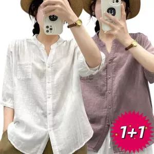 1+1 반팔자켓 반팔 블라우스 반팔티 셔츠 여성 린넨 반팔 셔츠 V넥 버튼 다운 포켓 디자인 루즈핏 코튼 혼