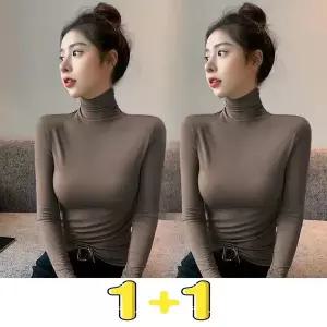 1+1 봄가을 신상 티셔츠 여성 하이넥 긴팔 슬림티셔츠 패션 솔리드 정장 스판 상의 X2407J31