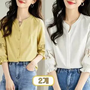 1+1 여성 7부소매 자수 쉬폰 셔츠 루즈핏 블라우스 남방 데일리룩