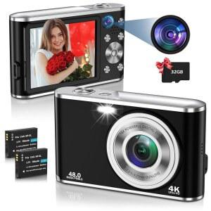 디지털 카메라 듀얼 렌즈가 장착된 오토포커스 UHD 4K 48MP 16X 줌 브이로그 2.8인치 화면 컴팩트 사진 촬영 32GB 카드(블랙)
