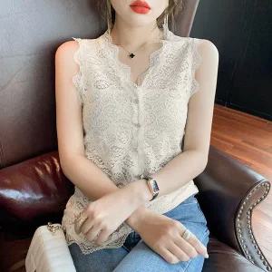 나시 블라우스 V넥 레이스 레이어드 투명 여름 여성