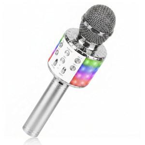 샤인픽 노래방 마이크 4 IN 1 무선 LED 조명 휴대용 기계 가정용 KTV 플레이어 안드로이드 및 IOS 기기와 호환(실버) MC0