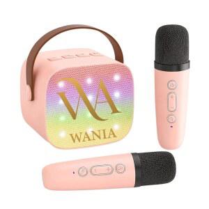 와 성인을 위한 WANIA 미니 노래방 기계 - 무선 마이크 2개가 있는 휴대용 블루투스 스피커 LED 조명이 충전식 음악 플레이어 음성 효과 3세 4세 5세부터 12세까지 선물하기+ MNR