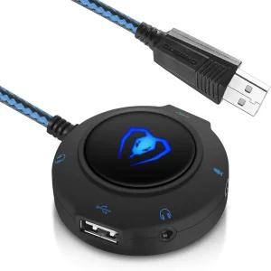 Micolindun 외장 사운드 카드 USB 허브 오디오 어댑터를 포트에 연결하고 PC 노트북용 3.5mm 및 마이크로