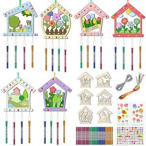를 위한 12PCS 새집 바람 차임 키트 나만의 속이 빈 DIY 색칠 목공예 봄 나무 예술 및 공예 남자 여학교 활동 파티 장식