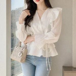 옷자락 여자 간절기 하객룩 랩 스트랩 긴팔 쉬폰 블라우스