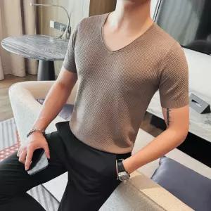 남성니트 여름 얇은 아이스 니트 브이넥 반팔 스판 펀칭 티셔츠 심쿵직구