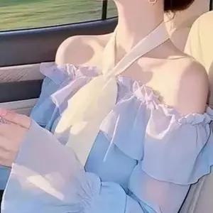 미중 여성 봄 가을 뉴 일자어깨 시폰 홀터넥 프릴 나팔 소매 긴팔aq