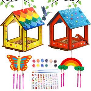 야외용 예술 및 공예품 들이 만들고 칠할 수 있는 2팩 버드 피더 윈드 차임 키트 DIY 미완성 목재 STEM 페인팅 활동 3-5세 소년 소녀용 공예 장난감 4-8 8-12 6-8