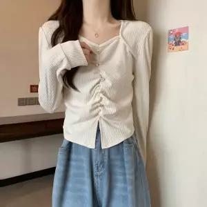 빅사이즈 여성 가을 불규칙 주름 진주 블라우스 긴팔 티셔츠