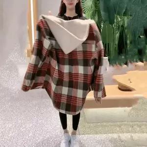 빅사이즈 여성 체크 셔츠 후드 티셔츠 가을겨울 미디 루즈핏 캐주얼 셔츠 자켓