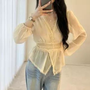 여자 레이스 시스루 슬림 퍼프 콩단추 쉬폰 블라우스_25845725_588872
