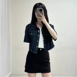 여자 봄 스티치 카라넥 반팔 레트로 크롭 청자켓_25845662_588872