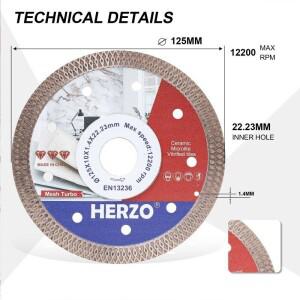 HERZO-125MM 타일 다이아몬드 커팅 디스크, 메쉬 터보 가장자리 세라믹 대리석 건식 및 습식 블레이드 전