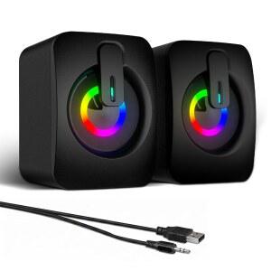 멜로가 RGB 컴퓨터 스피커 7색 LED 백라이트가 장착된 USB 구동 PC 데스크톱 노트북 태블릿 U2013 크리스프 오디오 및 공간 절약 디자인을 위한 3.5MM AUX 컴팩트 사운드바